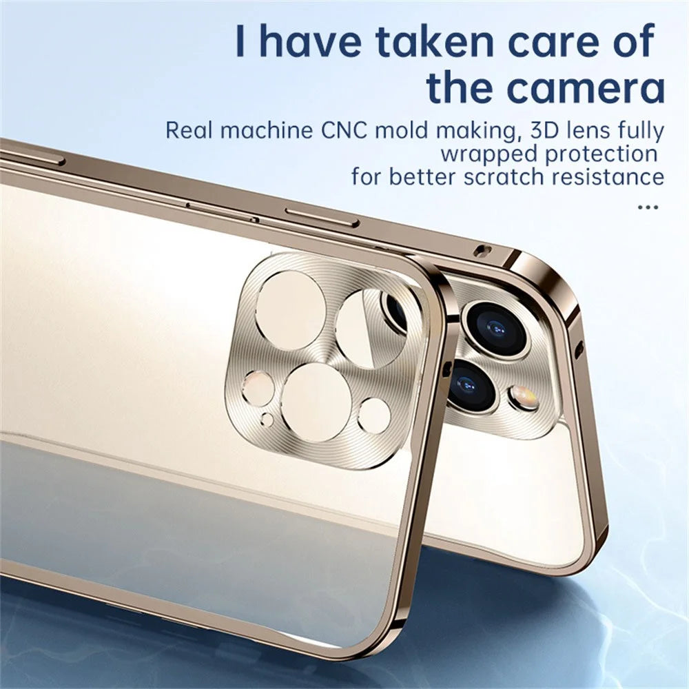 For iPhone 16 Pro Max Metal Clear Case Safety Lock Matte Anti-Fingerprint Back Cover - Gold - 2