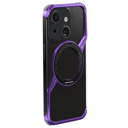For iPhone 14 Bumper Phone Case Rotary Ring Kickstand Aluminium Alloy S-Shape Magnetic Cover - Purple - 1