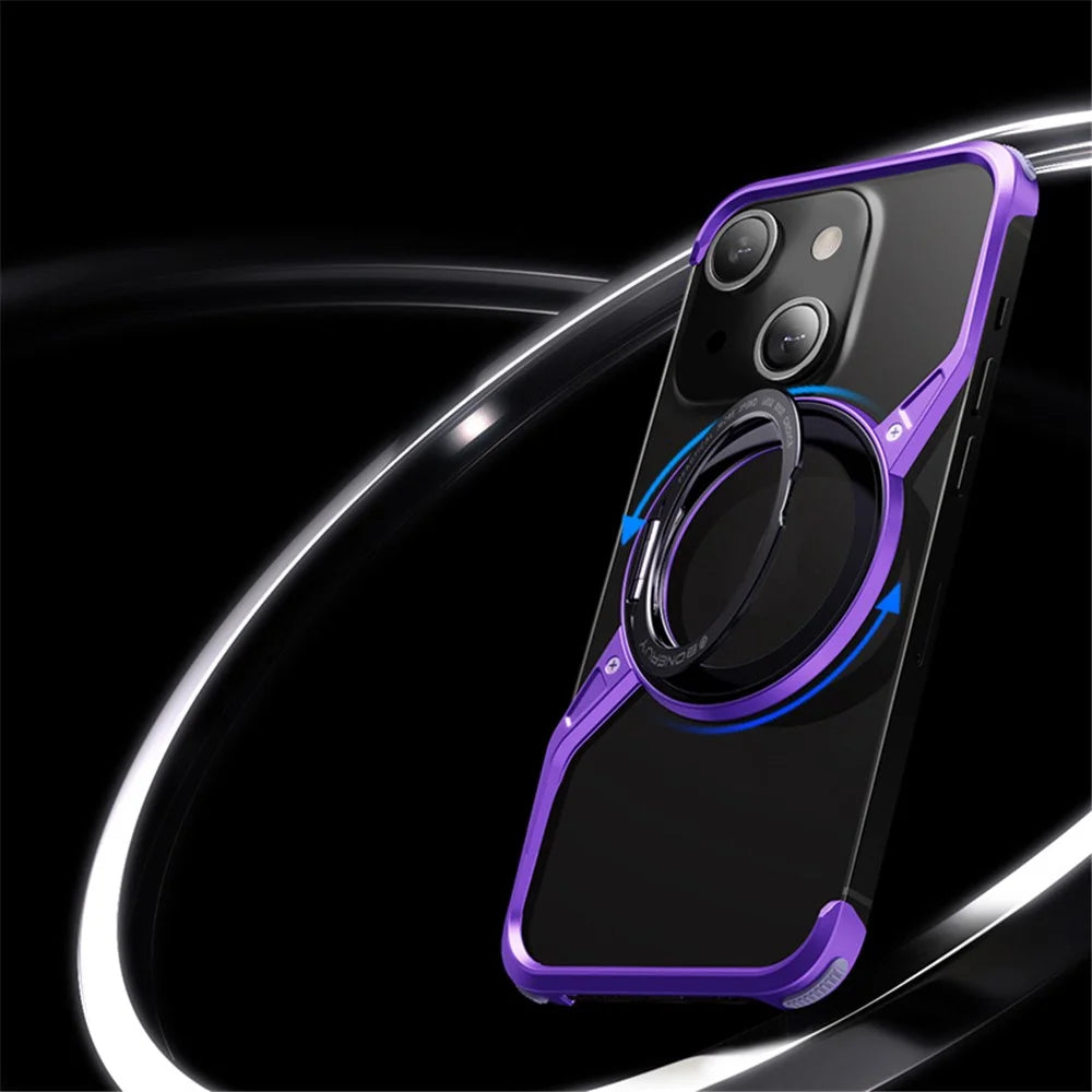 For iPhone 14 Bumper Phone Case Rotary Ring Kickstand Aluminium Alloy S-Shape Magnetic Cover - Purple - 2