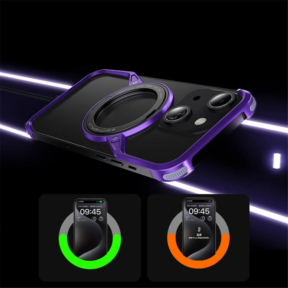 For iPhone 14 Bumper Phone Case Rotary Ring Kickstand Aluminium Alloy S-Shape Magnetic Cover - Purple - 3