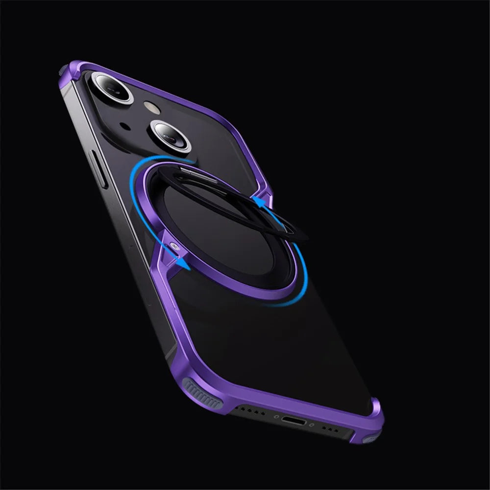 For iPhone 14 Bumper Phone Case Rotary Ring Kickstand Aluminium Alloy S-Shape Magnetic Cover - Purple - 5