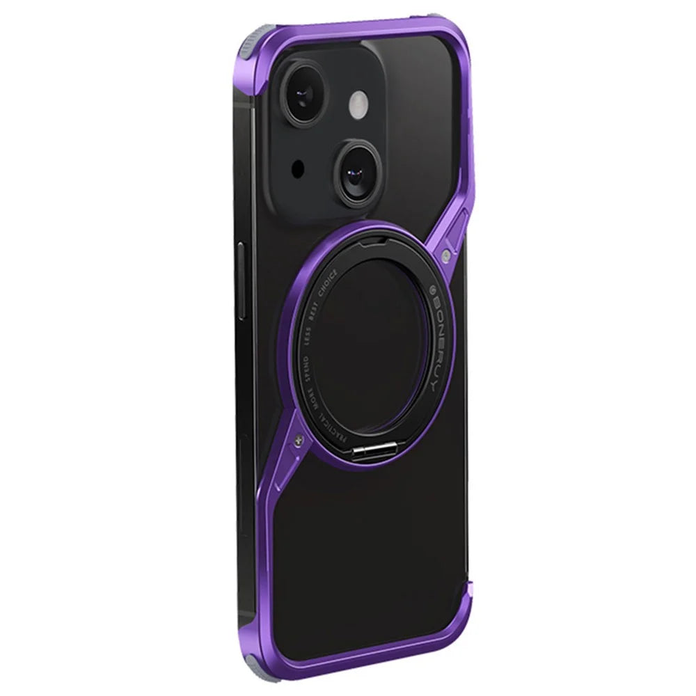 For iPhone 15 Bumper Phone Case Rotary Ring Kickstand Aluminium Alloy S-Shape Magnetic Cover - Purple - 1