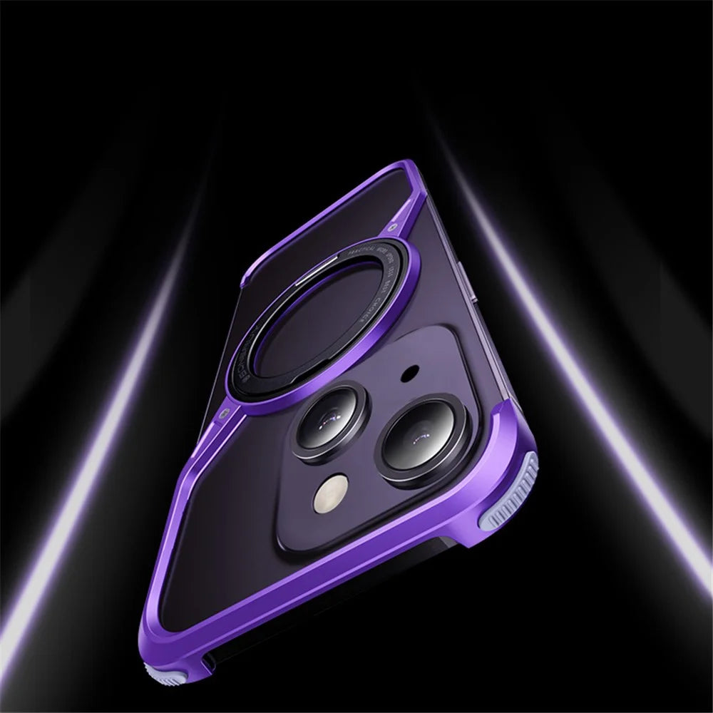 For iPhone 15 Bumper Phone Case Rotary Ring Kickstand Aluminium Alloy S-Shape Magnetic Cover - Purple - 4