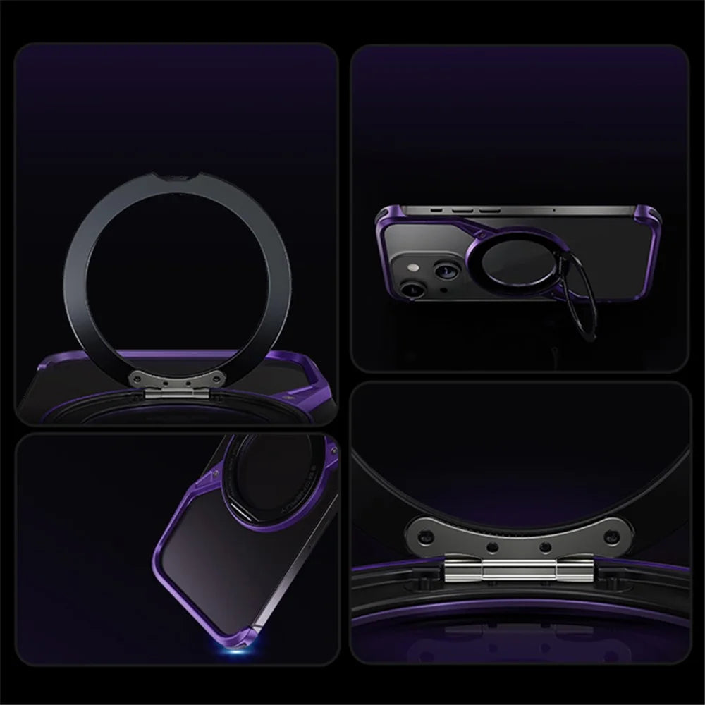 For iPhone 15 Bumper Phone Case Rotary Ring Kickstand Aluminium Alloy S-Shape Magnetic Cover - Purple - 6