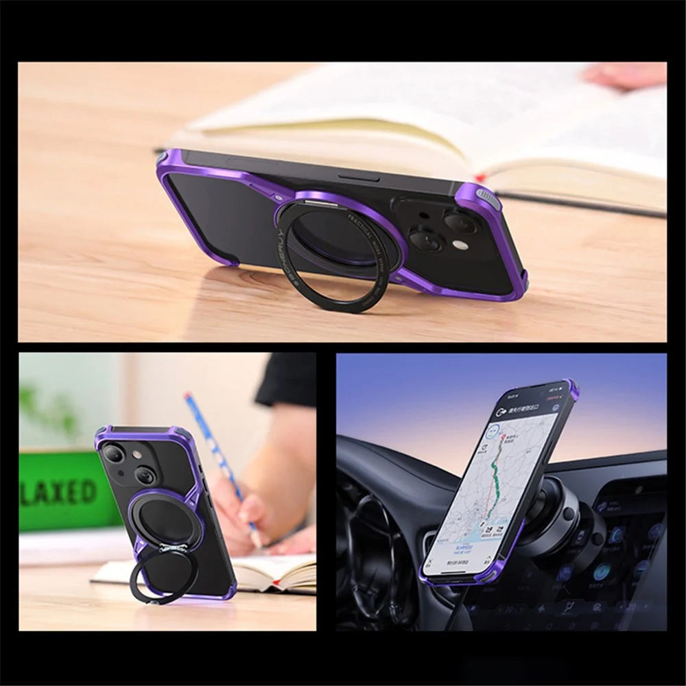 For iPhone 15 Bumper Phone Case Rotary Ring Kickstand Aluminium Alloy S-Shape Magnetic Cover - Purple - 7