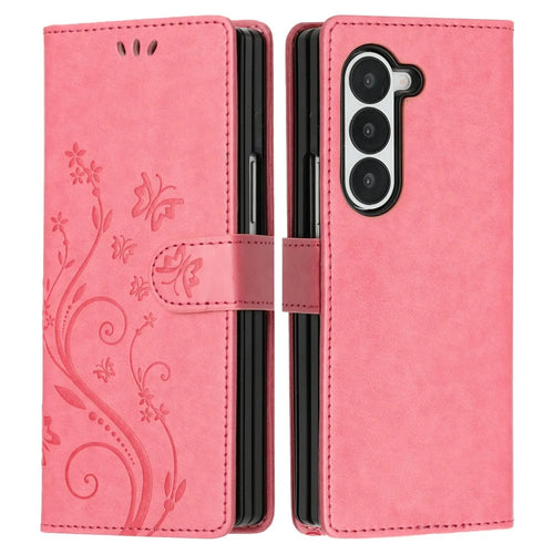 For Samsung Galaxy Z Fold6 5G Leather Wallet Case Butterfly Flower Imprinted Phone Cover with Strap - Pink - 1