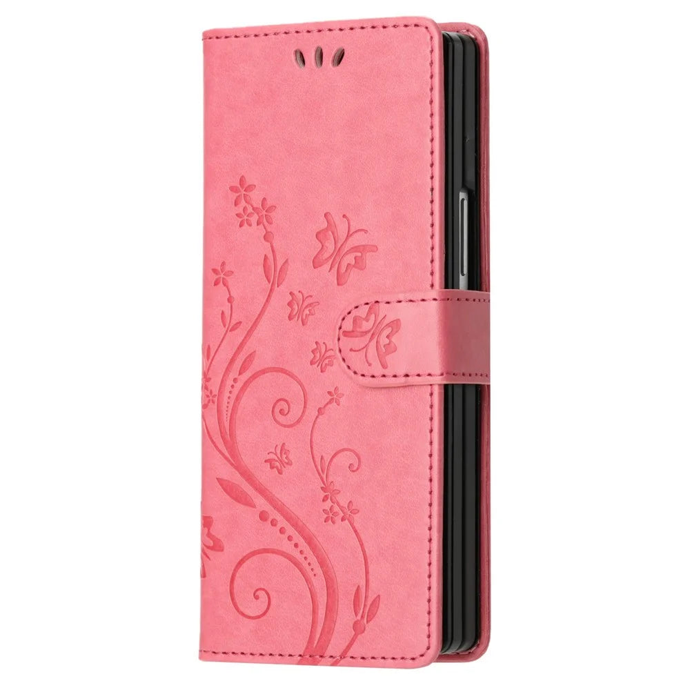 For Samsung Galaxy Z Fold6 5G Leather Wallet Case Butterfly Flower Imprinted Phone Cover with Strap - Pink - 4