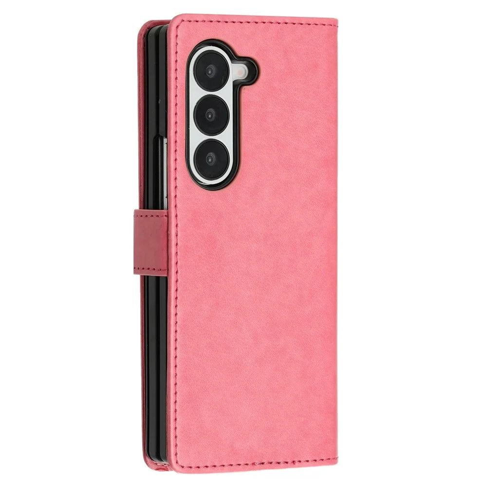 For Samsung Galaxy Z Fold6 5G Leather Wallet Case Butterfly Flower Imprinted Phone Cover with Strap - Pink - 5