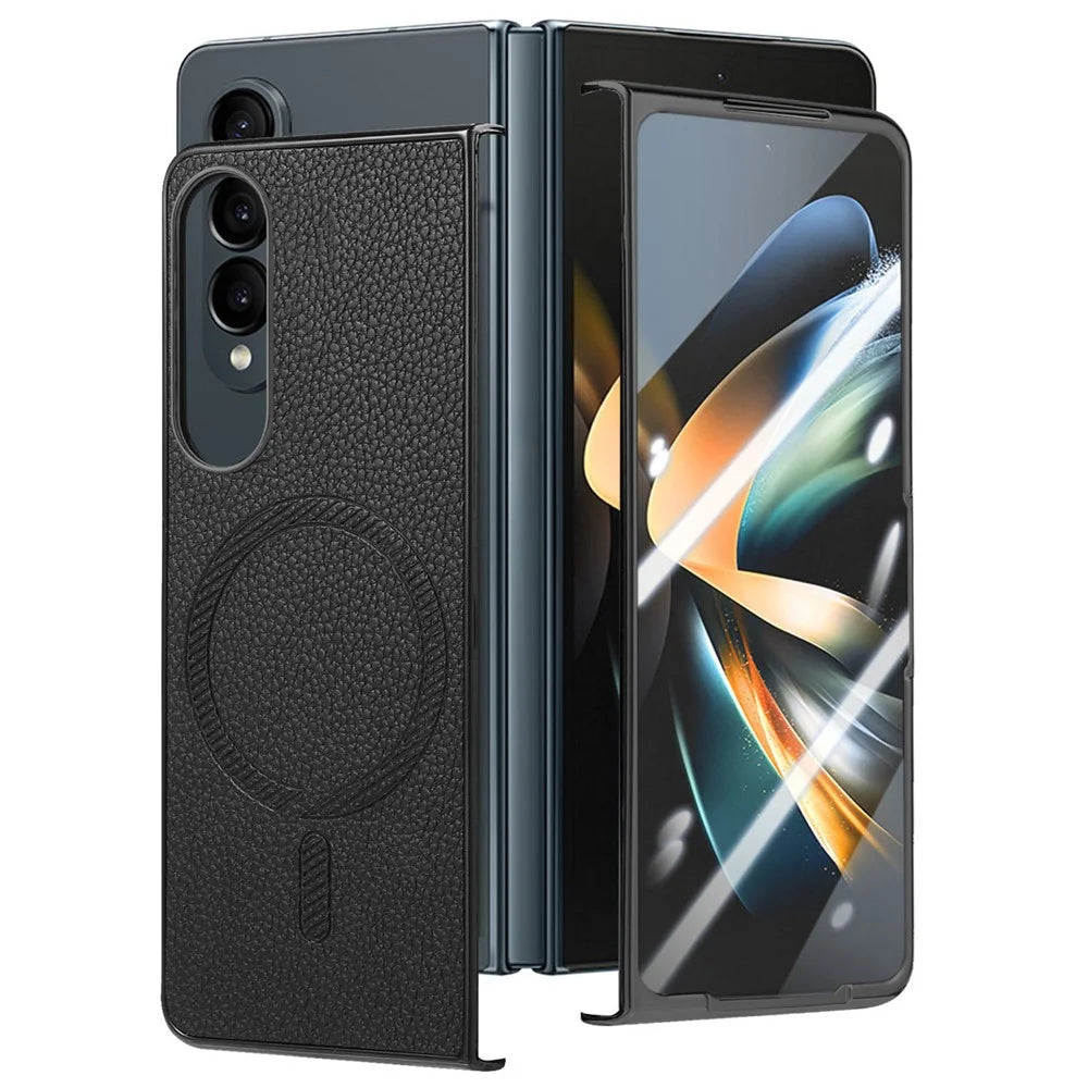 For Samsung Galaxy Z Fold4 5G Magnetic Case Leather+TPU Phone Cover with Screen Film - Black - 1