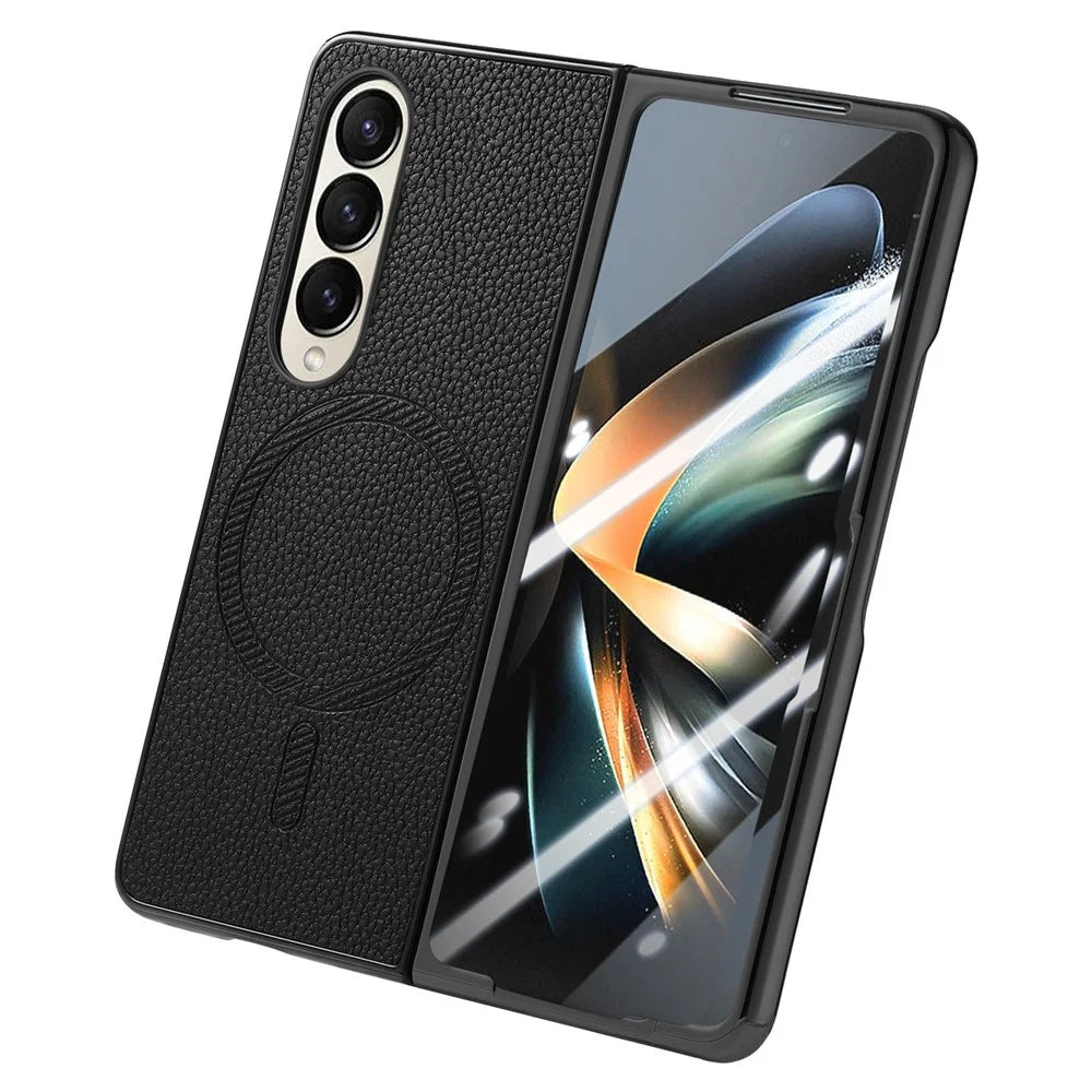For Samsung Galaxy Z Fold4 5G Magnetic Case Leather+TPU Phone Cover with Screen Film - Black - 3