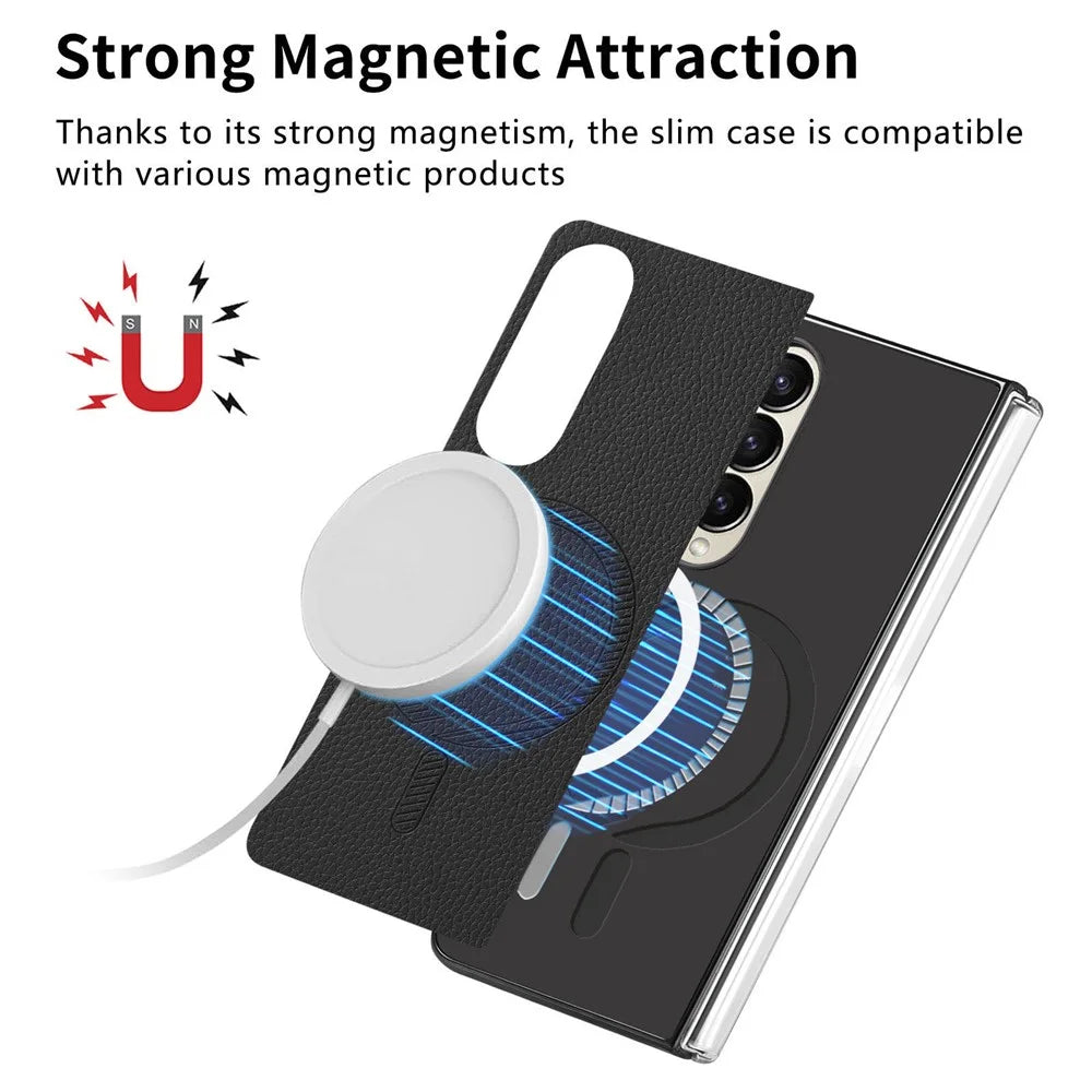 For Samsung Galaxy Z Fold4 5G Magnetic Case Leather+TPU Phone Cover with Screen Film - Black - 5