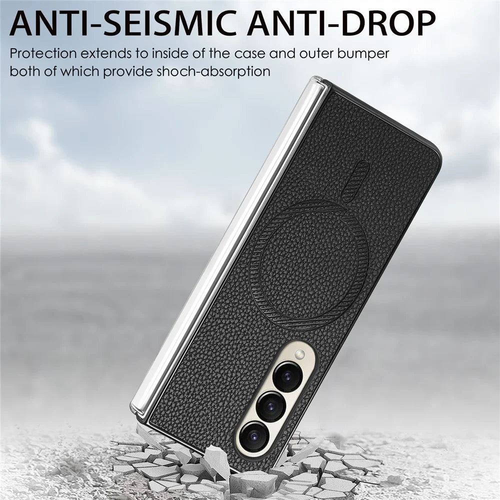 For Samsung Galaxy Z Fold4 5G Magnetic Case Leather+TPU Phone Cover with Screen Film - Black - 7