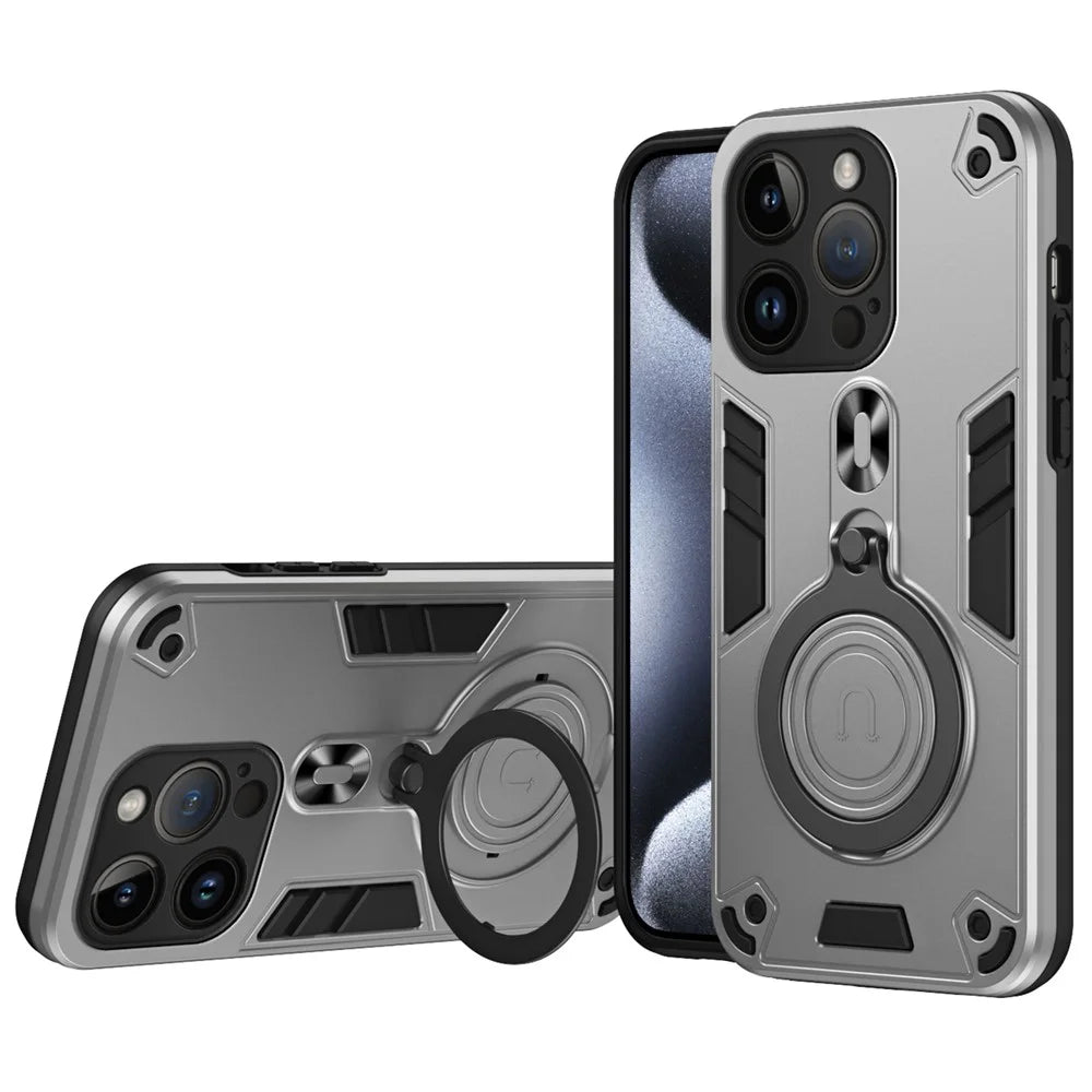 For iPhone 14 Pro Case Rotatable Kickstand PC+TPU Drop Protection Phone Cover - Silver - 1