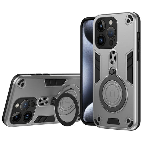 For iPhone 14 Pro Case Rotatable Kickstand PC+TPU Drop Protection Phone Cover - Silver - 1