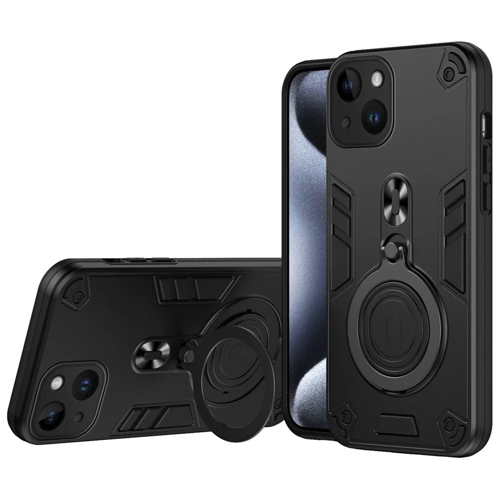 For iPhone 14 Case Rotatable Kickstand PC+TPU Drop Protection Phone Cover - Black - 1