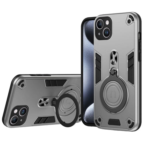 For iPhone 15 Plus Case Rotatable Kickstand PC+TPU Drop Protection Phone Cover - Silver - 1
