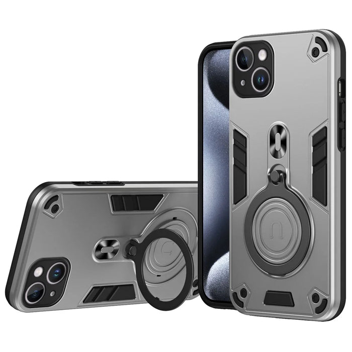 For iPhone 15 Plus Case Rotatable Kickstand PC+TPU Drop Protection Phone Cover - Silver - 1