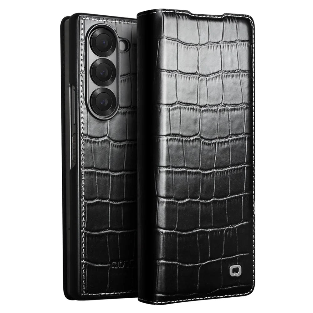 QIALINO For Samsung Galaxy Z Fold6 5G Case Crocodile Texture Genuine Cow Leather Flip Phone Cover - Black - 1