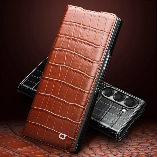 QIALINO For Samsung Galaxy Z Fold6 5G Case Crocodile Texture Genuine Cow Leather Flip Phone Cover - Black - 2