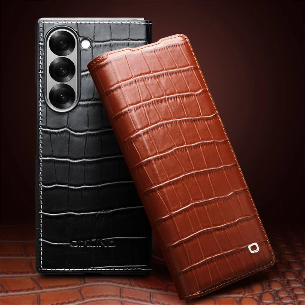 QIALINO For Samsung Galaxy Z Fold6 5G Case Crocodile Texture Genuine Cow Leather Flip Phone Cover - Black - 3