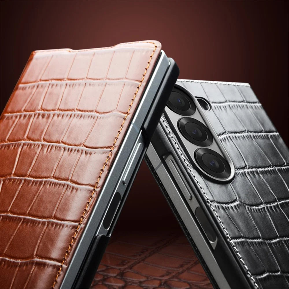 QIALINO For Samsung Galaxy Z Fold6 5G Case Crocodile Texture Genuine Cow Leather Flip Phone Cover - Black - 5