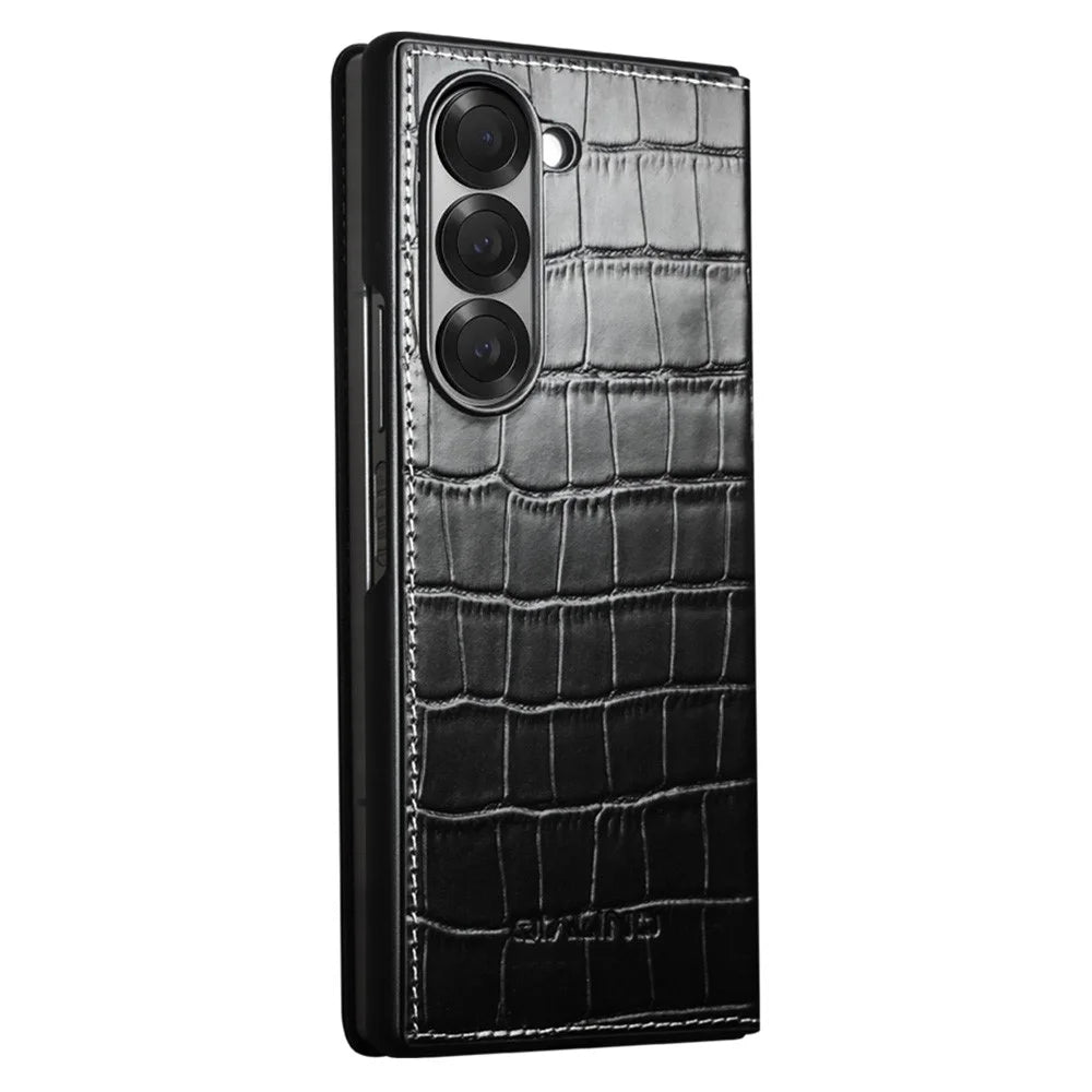 QIALINO For Samsung Galaxy Z Fold6 5G Case Crocodile Texture Genuine Cow Leather Flip Phone Cover - Black - 7