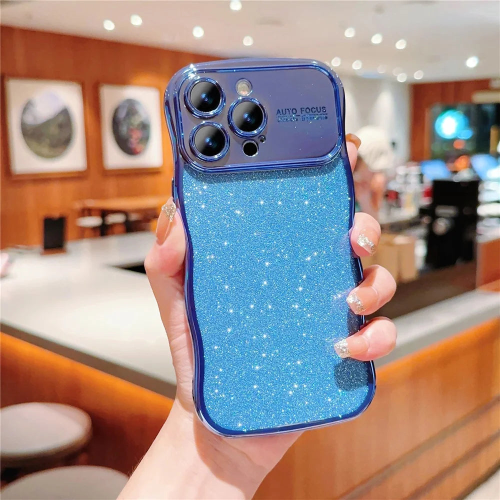 For iPhone 16 Pro Max Case Electroplating Curly Frame TPU Glitter Phone Cover Large Window - Blue - 1