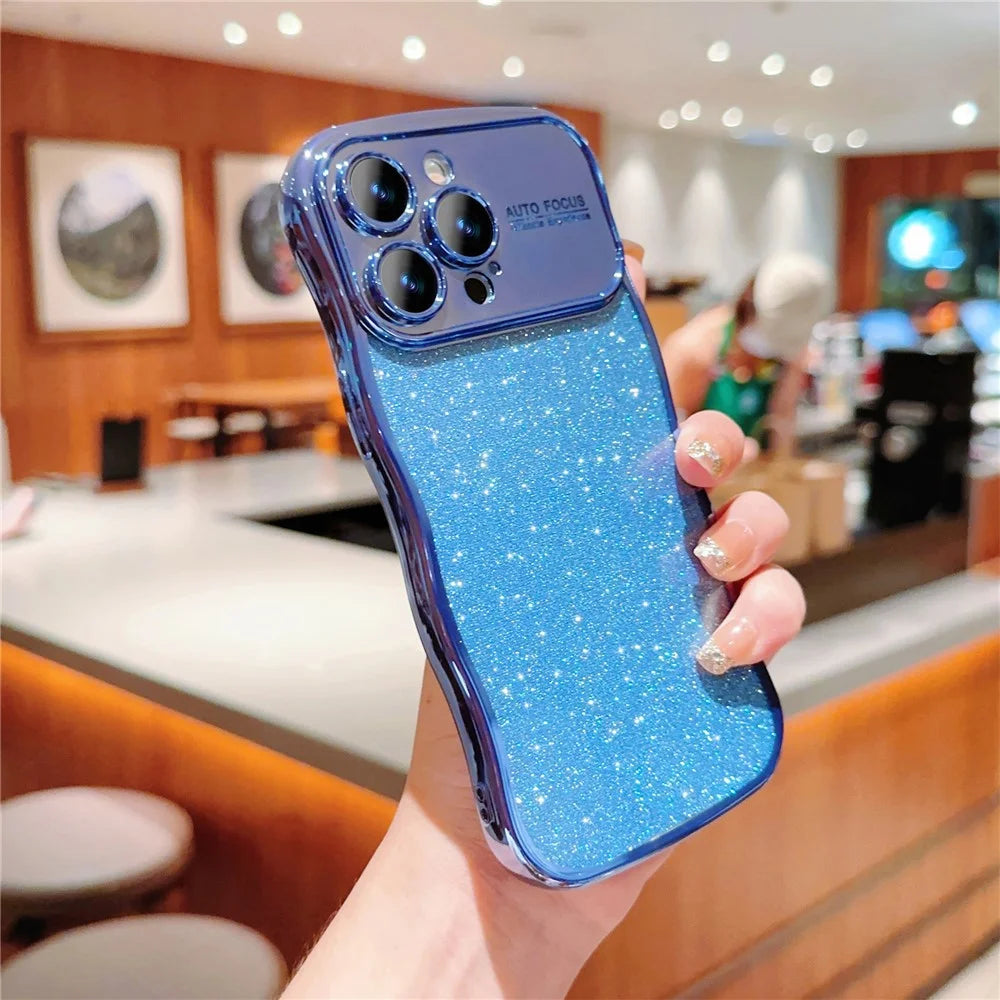 For iPhone 16 Pro Max Case Electroplating Curly Frame TPU Glitter Phone Cover Large Window - Blue - 2