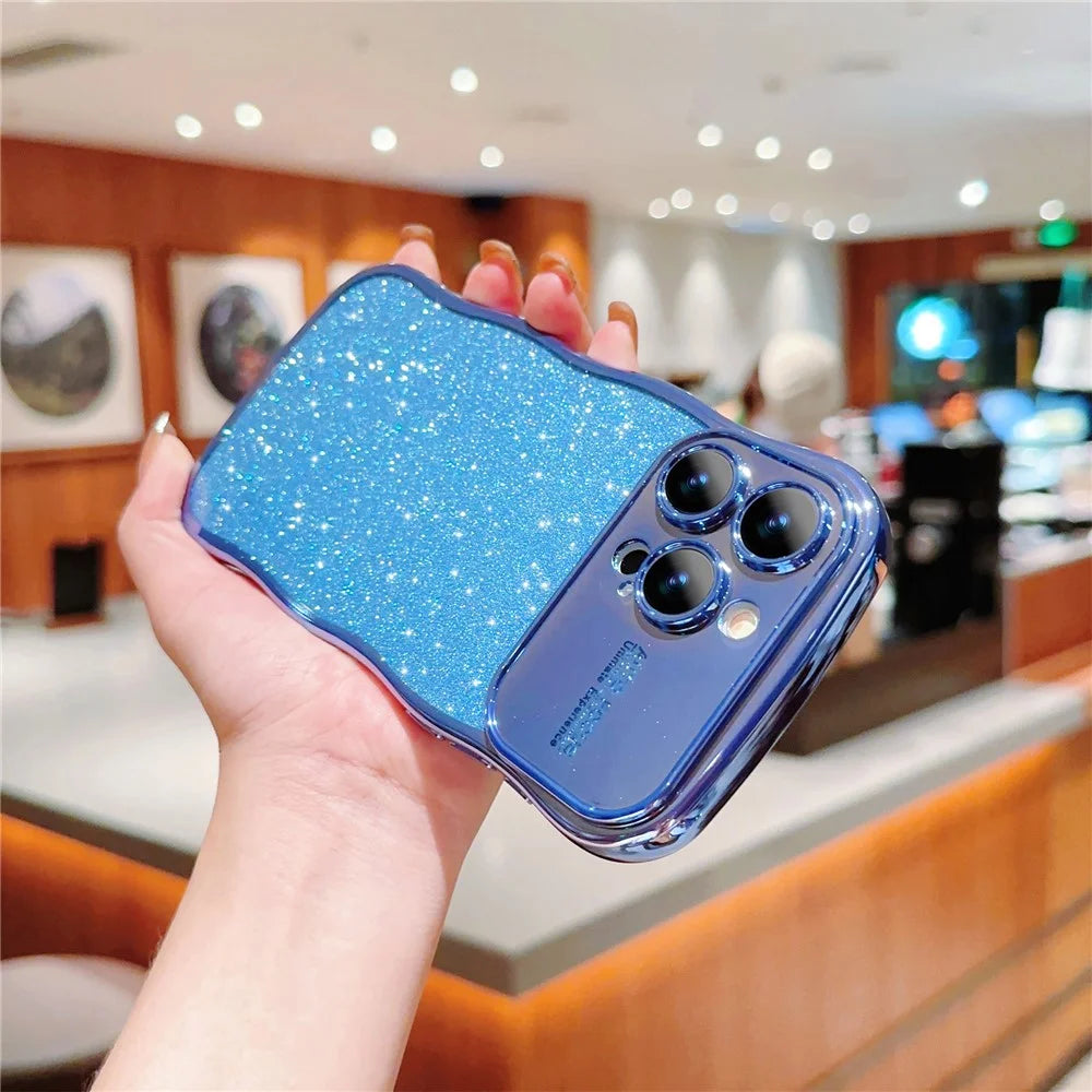 For iPhone 16 Pro Max Case Electroplating Curly Frame TPU Glitter Phone Cover Large Window - Blue - 3