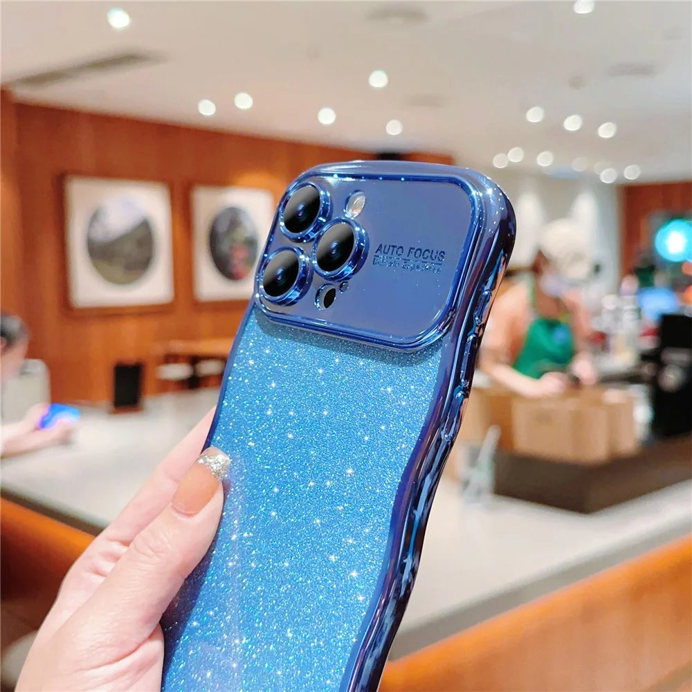 For iPhone 16 Pro Max Case Electroplating Curly Frame TPU Glitter Phone Cover Large Window - Blue - 4