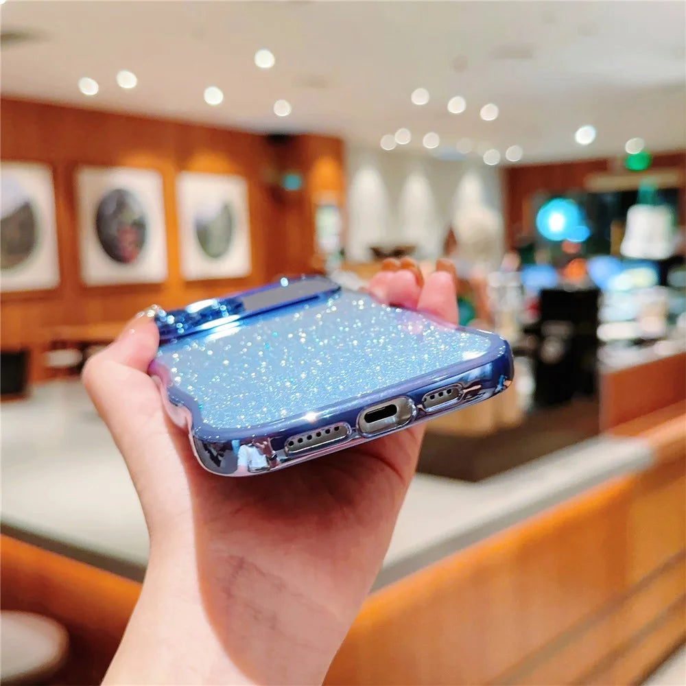 For iPhone 16 Pro Max Case Electroplating Curly Frame TPU Glitter Phone Cover Large Window - Blue - 5