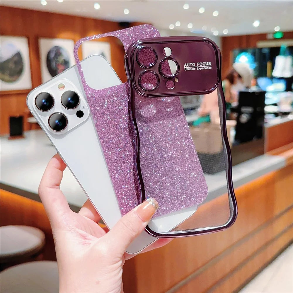 For iPhone 16 Pro Max Case Electroplating Curly Frame TPU Glitter Phone Cover Large Window - Blue - 6