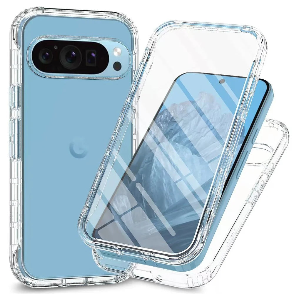 For Google Pixel 9 / 9 Pro Case TPU+PC Full Protection Shockproof Phone Cover with PET Screen Guard - Transparent - 1