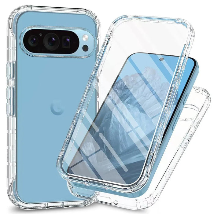 For Google Pixel 9 / 9 Pro Case TPU+PC Full Protection Shockproof Phone Cover with PET Screen Guard - Transparent - 1