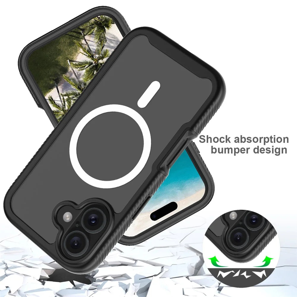 For iPhone 16 Magnetic Case PC+TPU Phone Cover with PET Screen Film All-Around Protection - Black - 4