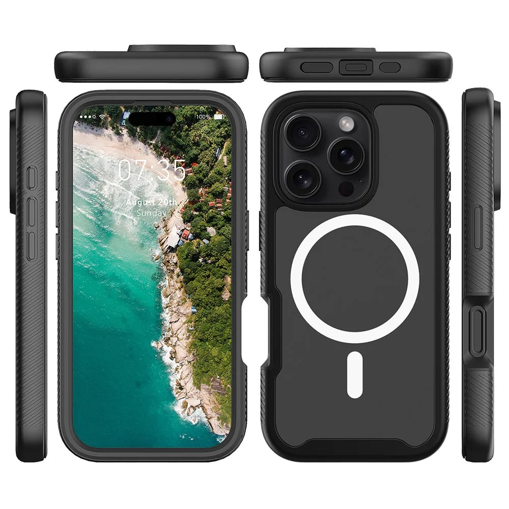 For iPhone 16 Pro Magnetic Case PC+TPU Phone Cover with PET Screen Film All-Around Protection - Black - 5