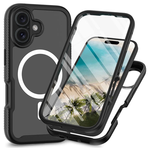 For iPhone 16 Plus Magnetic Case PC+TPU Phone Cover with PET Screen Film All-Around Protection - Black - 1