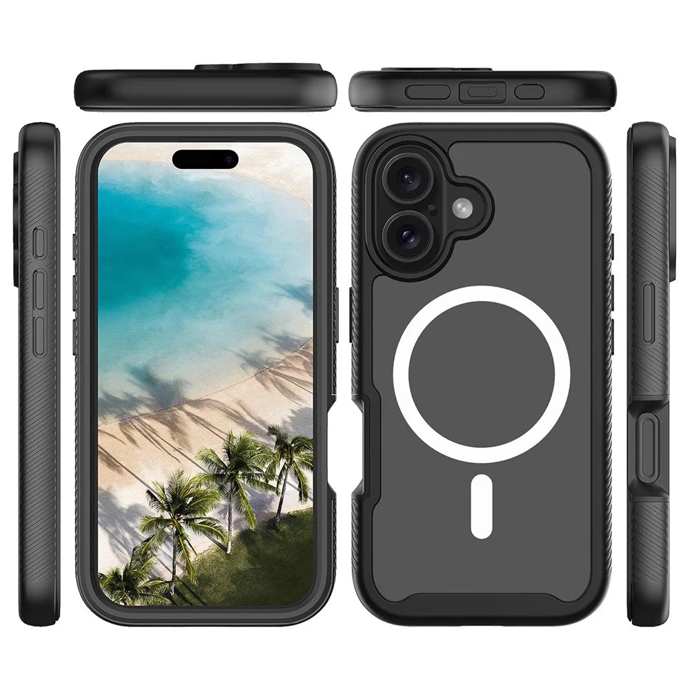 For iPhone 16 Plus Magnetic Case PC+TPU Phone Cover with PET Screen Film All-Around Protection - Black - 5