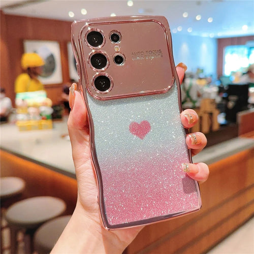 For Samsung Galaxy S24 Ultra Case Love Heart Gradient Glitter TPU Phone Cover Electroplating Curly Frame - Rose Pink - 1
