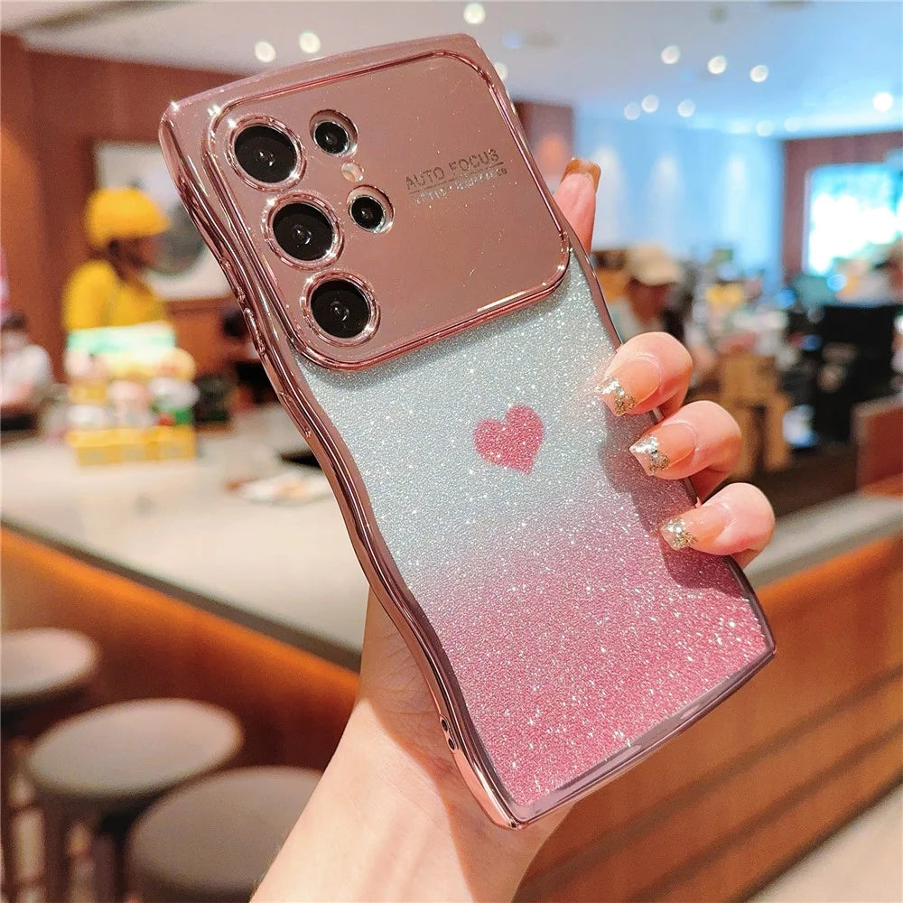 For Samsung Galaxy S24 Ultra Case Love Heart Gradient Glitter TPU Phone Cover Electroplating Curly Frame - Rose Pink - 2
