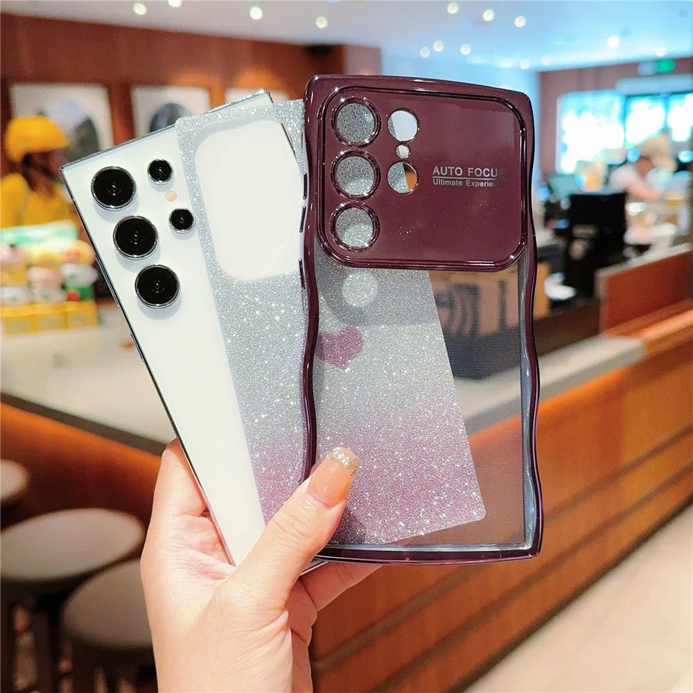 For Samsung Galaxy S24 Ultra Case Love Heart Gradient Glitter TPU Phone Cover Electroplating Curly Frame - Rose Pink - 5