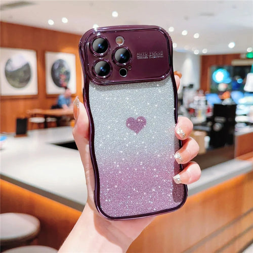 For iPhone 16 Pro Max Case Love Heart Gradient Glitter TPU Phone Cover Electroplating Curly Frame - Dark Purple - 1