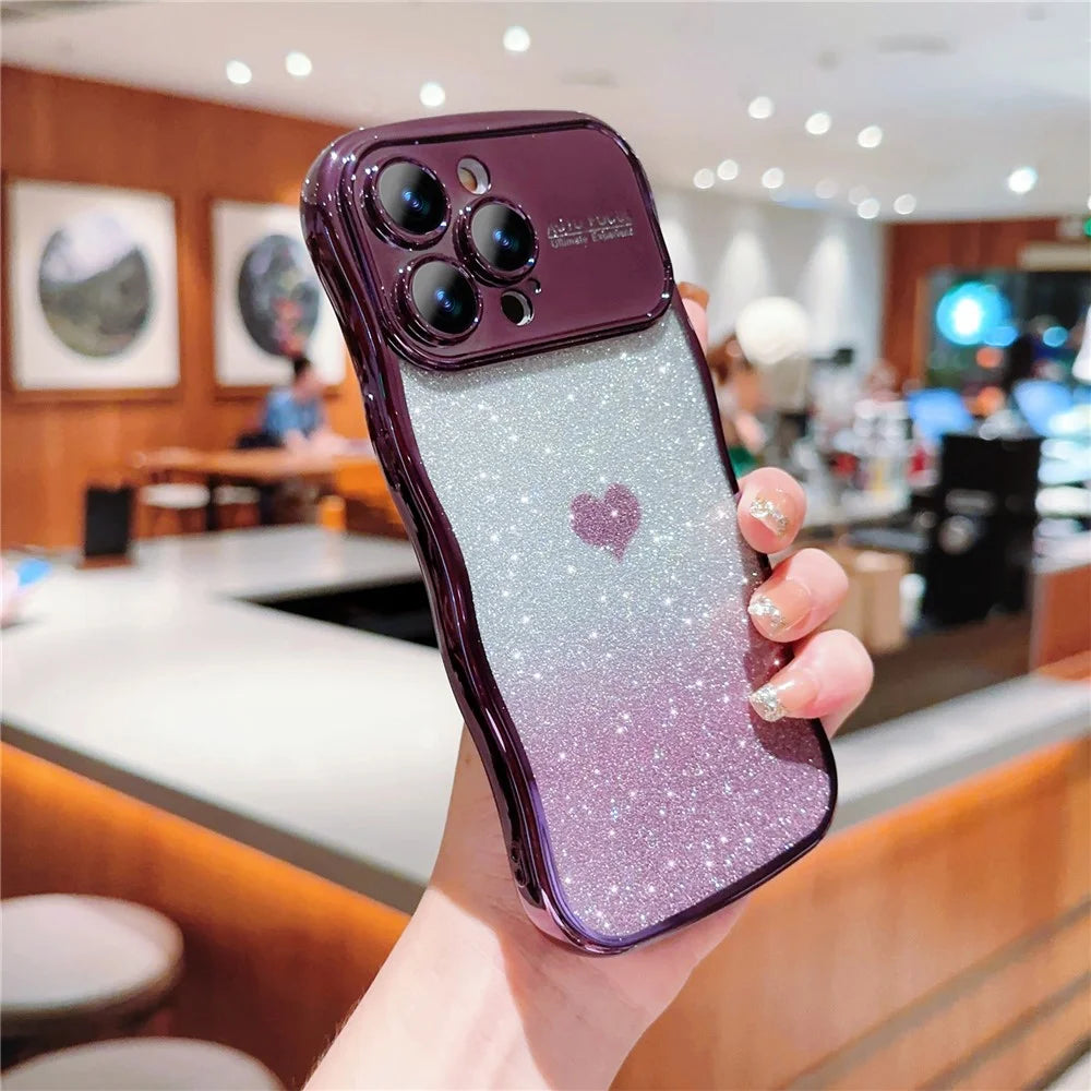 For iPhone 16 Pro Max Case Love Heart Gradient Glitter TPU Phone Cover Electroplating Curly Frame - Dark Purple - 2