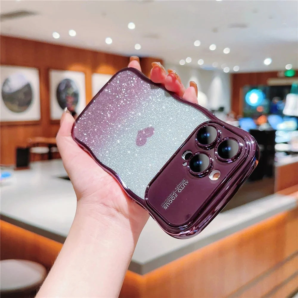 For iPhone 16 Pro Max Case Love Heart Gradient Glitter TPU Phone Cover Electroplating Curly Frame - Dark Purple - 3