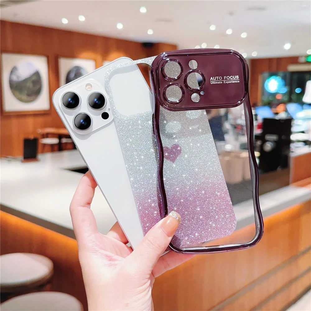 For iPhone 16 Pro Max Case Love Heart Gradient Glitter TPU Phone Cover Electroplating Curly Frame - Dark Purple - 4