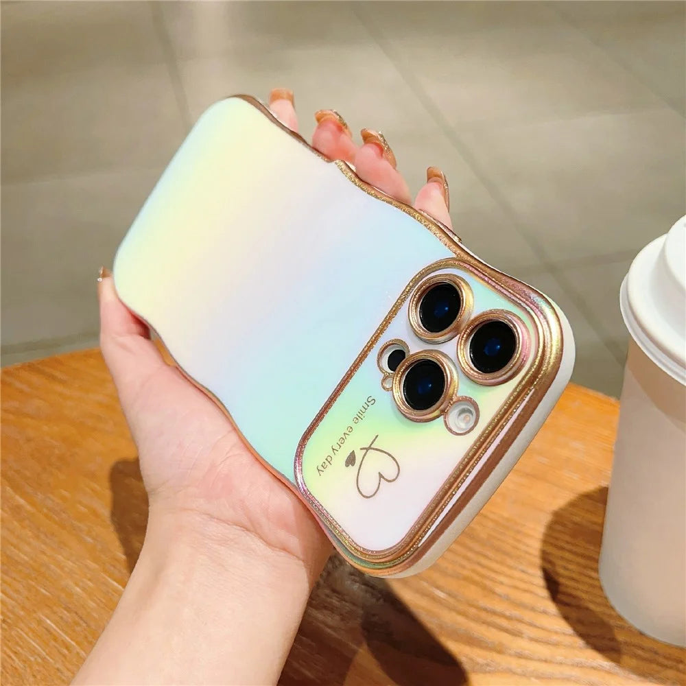 For iPhone 16 Pro Case Curly Shape Love Heart TPU Phone Cover Iridescent Gradient - Colorful White - 3