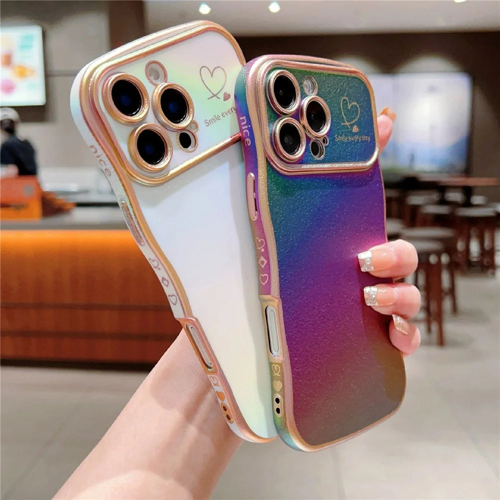 For iPhone 16 Pro Case Curly Shape Love Heart TPU Phone Cover Iridescent Gradient - Colorful White - 4