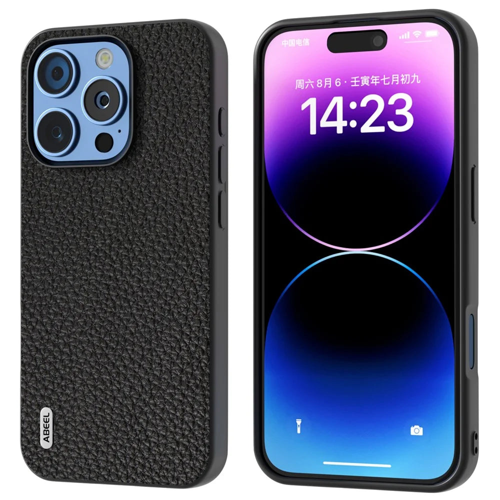 ABEEL For iPhone 16 Pro Max Case TPU+Genuine Cow Leather Protective Phone Cover - Black - 1