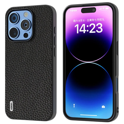 ABEEL For iPhone 16 Pro Case TPU+Genuine Cow Leather Protective Phone Cover - Black - 1