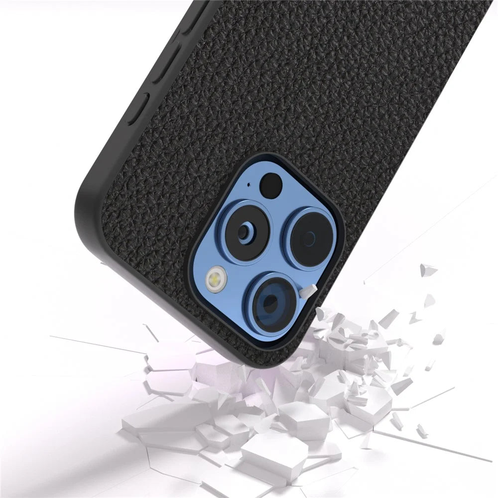 ABEEL For iPhone 16 Pro Case TPU+Genuine Cow Leather Protective Phone Cover - Black - 4